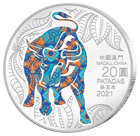 Pièce de monnaie 20 Patacas Macao 2021 1 once argent BE – Année du Bœuf