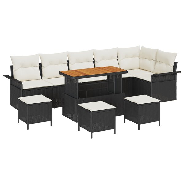 Canapé de jardin 10 pièces avec coussins noir poly rotin