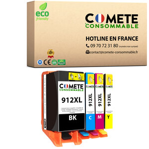 CARTOUCHE d'Encre  912XL - Lot de 4  Compatibles avec HP 912 XL - pour HP OfficeJet 8012 8014 8015 8017 HP OfficeJet Pro 8022 8023 8025 AIO (1 Noir 1 Cyan 1 Magenta 1 Jaune)-COMETE  Marque française