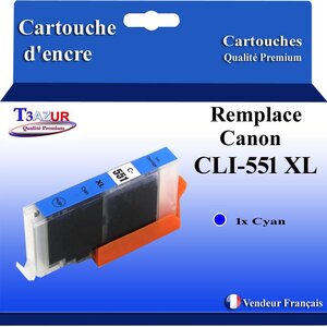 T3AZUR - Cartouche compatible avec Canon CLI551XL CLI-551 XL pour Canon Pixma MG5400 MG5450 MG5500 MG5550 MG5600 MG5650 MG5655 - Cyan