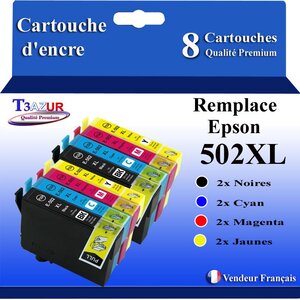 T3AZUR - 8x Cartouches compatibles avec Epson Expression Home XP-5100 XP-5105 XP-5115 XP-5150 XP-5155 502XL