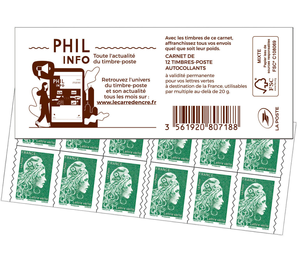 5 carnets de 12 timbres postaux autocollants Marianne Lettre verte