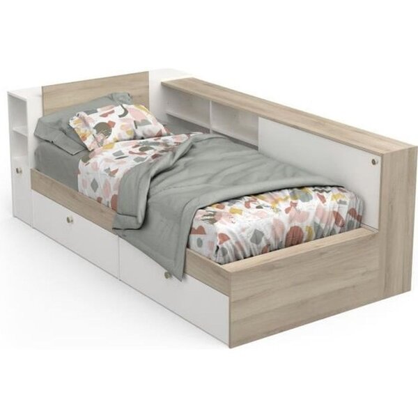Lit enfant LIFE 90 x 190/200 - Rangements - chêne et blanc