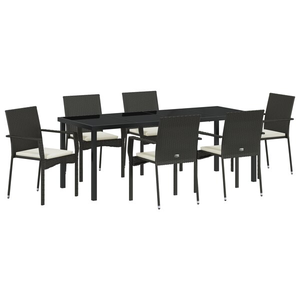 vidaXL Ensemble de Salle à Manger de Jardin de 7 Pièces avec Coussins Noir Poly Rattan