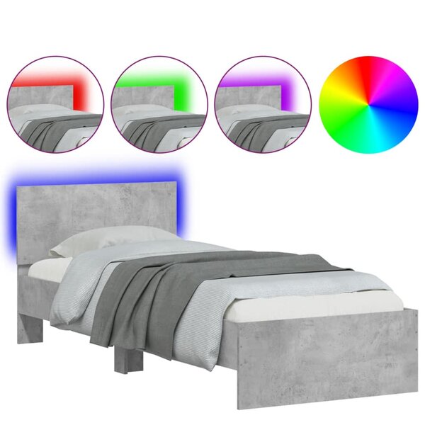 vidaXL Cadre de lit tête de lit et lumières LED gris béton 75x190 cm