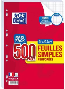 paquet de 500 Pages Feuillets simples format A4 seyès perforées 90 g OXFORD