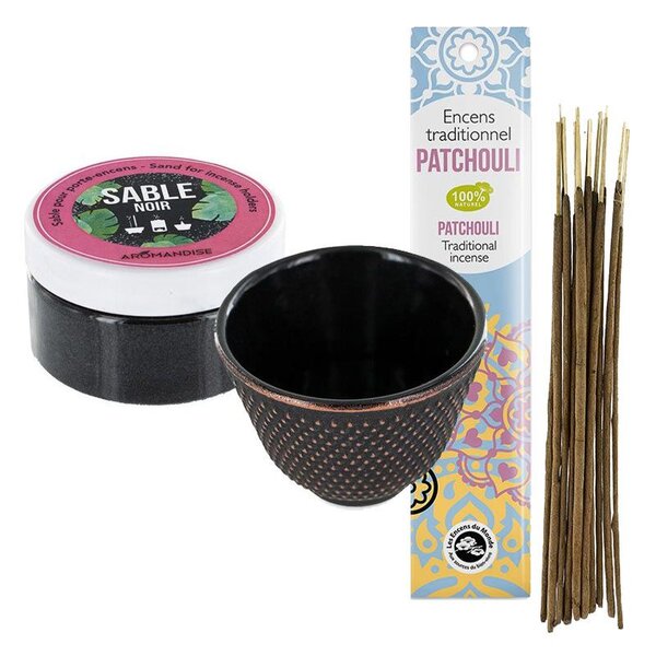 Porte-encens coupelle en fonte noire + sable noir + Encens indien au Patchouli