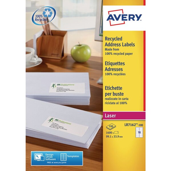 Etiquettes auto-adhésives d'adresses recyclées, faciles à décoller,  99,1 x 33,9 mm - 100 feuilles, 16 étiquettes par feuilles a4 - blanches (paquet 1600 unités)