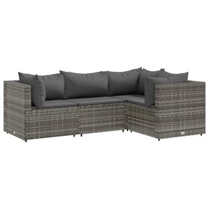 vidaXL Salon de jardin 4 Pièces avec coussins Gris Résine tressée