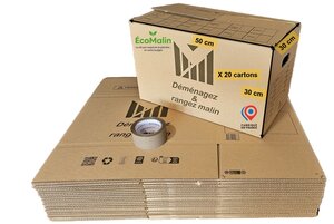 Lot de 20 cartons 50x30x30 cm poignées renforcées double épaisseur + 1 rouleau adhésif 68 m