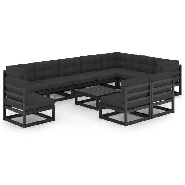 vidaXL Salon de jardin 11 Pièces avec coussins Noir Bois de pin massif