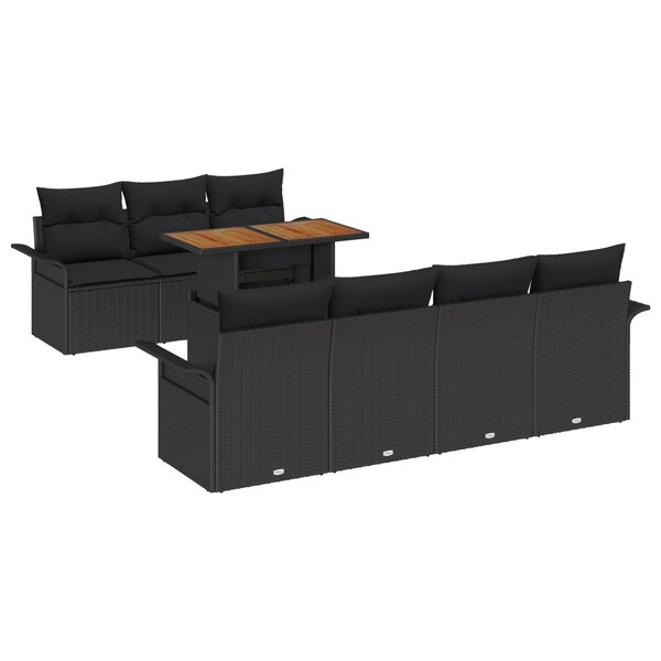 vidaXL Ensemble de 8 canapés de jardin avec coussins noir en poly rotin acacia