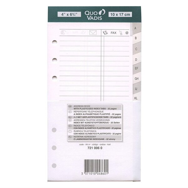 Recharge Accessoires Organiseur REPERTOIRE TEL Timer 17 Blanc 10 x 17 cm QUOVADIS