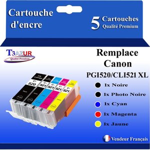 T3AZUR - 5x Cartouches compatibles avec Canon PGI520 CLI-521 XL pour Canon Pixma MP620 MP630 MP640 MP980 MP990 MX860 MX870