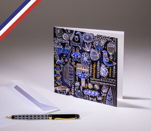 Carte double in the garden créée et imprimée en france sur papier certifié pefc - visages et fleurs - bleu noir et or