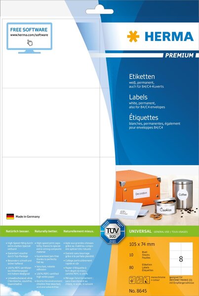 Etui 80 etiquettes premium sur 10 feuilles a4 105 x 74 mm blanc herma