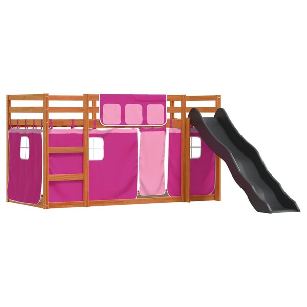 vidaXL Lit superposé avec toboggan et rideaux rose 90x200 cm