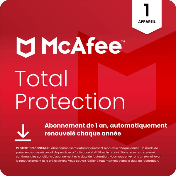 McAfee Total Protection - 1 appareil - Abonnement 1 an - Renouvelé automatiquement chaque année