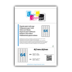 Lot de 100 planches a4 de 64 étiquettes à bords ronds 45 7 x 16 9 mm en papier blanc 70g/m² multifonction