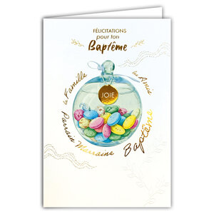 69-3142 Carte Félicitations Baptême Parrain Marraine Famille Amis Joie Dragées Peinture Aquarelle -Finitions Dorure Or Doré + Gaufrage en Relief +1 Enveloppe Format 12x17cm -Fabriqué en Europe
