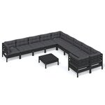 vidaXL Salon de jardin 11 Pièces avec coussins Noir Bois de pin