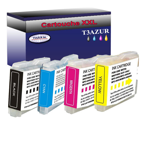 Lot de 4 Cartouches compatibles Brother MFC-260C, MFC-3360C, MFC-440CN, LC1000XL  (Noire+Couleur) – T3AZUR