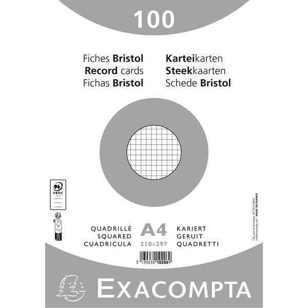 Paquet 100 Fiches Sous Film - Bristol Quadrillé 5x5 Non Perforé 210x297mm - Blanc - X 10 - Exacompta