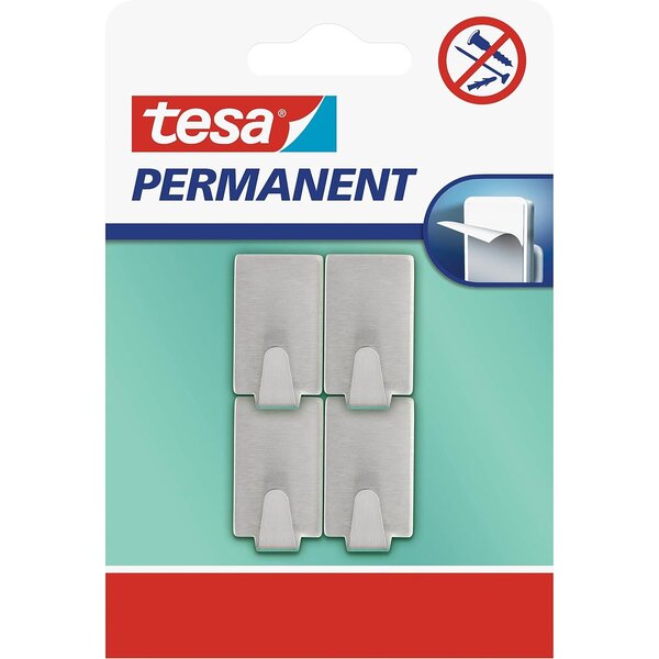 Pack 4 Crochets Permanents Rectangulaires Métal Brossé Adhésifs Taille S Gris TESA