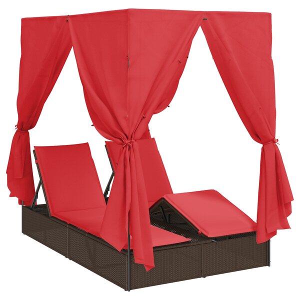 vidaXL Chaise Longue Double Jeu de 2 Marron et Rouge Rattan et Polyester