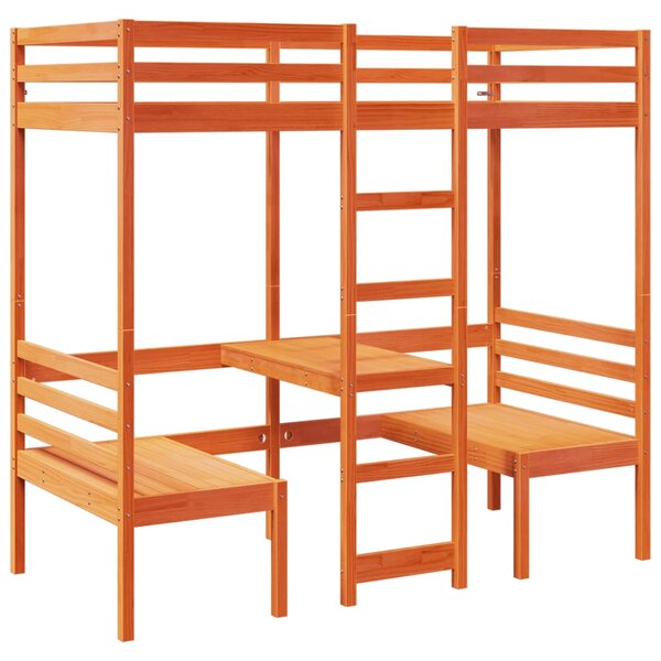 vidaXL Lit mezzanine avec bureau et chaises brun cire 80x200 cm pin