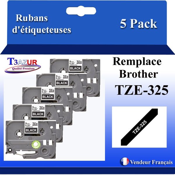 5x Rubans d'étiqueteuses compatibles avec Brother Tze325 Tze-325 pour étiqueteuses P-touch - Texte blanc sur fond noir - Largeur 9 mm x 8 mètres - T3AZUR