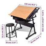 vidaXL Table à dessin inclinable 2 tiroirs et tabouret