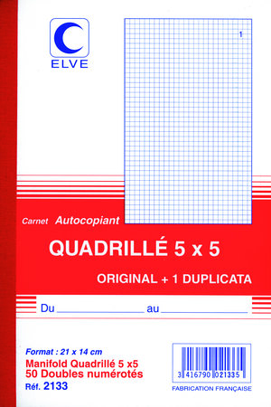 Manifold Autocopiant Quadrillé 5 x 5 210 x140 mm 50 Feuillets Dupli ELVE