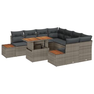 Ensemble de Canapé de Jardin de 9 Pièces avec Coussins Gris en Poly Rattan
