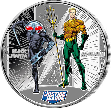 Pièce de monnaie en argent 1 dollar g 15.57 (1/2 oz) millésime 2022 justice league 2022 aquaman vs black manta