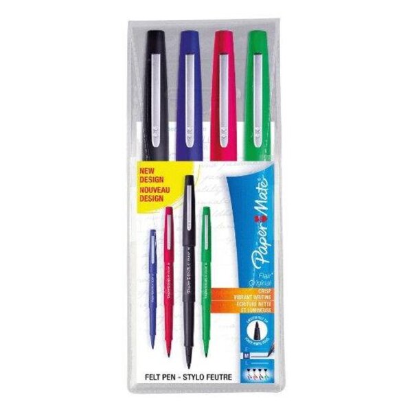 Lot de 4 feutres Nylon Flair coloris standard : bleu, noir, rouge, vert PAPER MATE