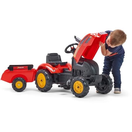 Tracteur pour enfant à pédales avec capot ouvrant et remorque x