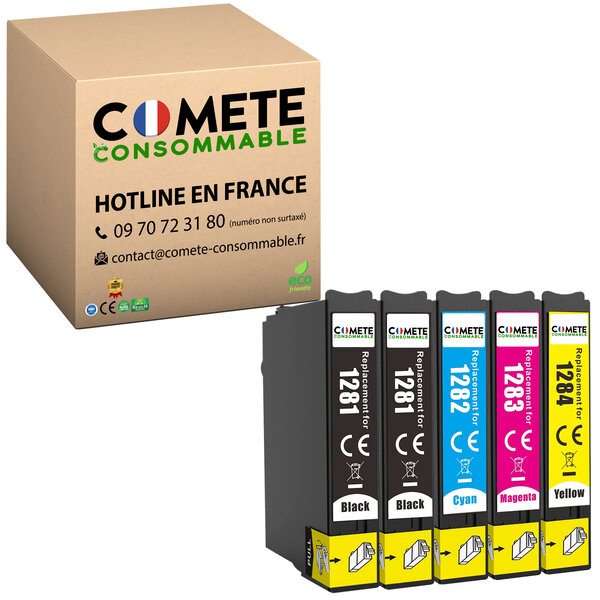COMETE, Entreprise française - T1285-5 Cartouches d'encre Compatibles avec Epson T1285 Renard (T1281 T1282 T1283 T1284) - pour Epson Stylus T22 Office BX305F BX305FW SX125 SX130 SX230 (Noir et Couleur)