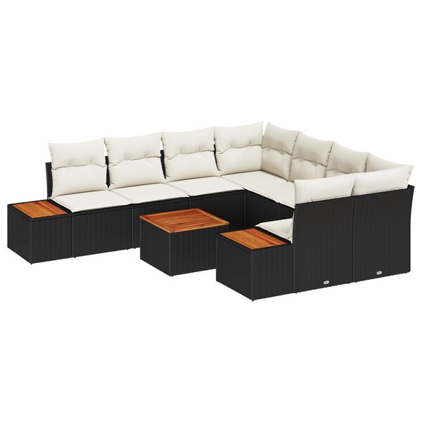 Canapé de Jardin 9 Pièces avec Coussins Noir Rotin