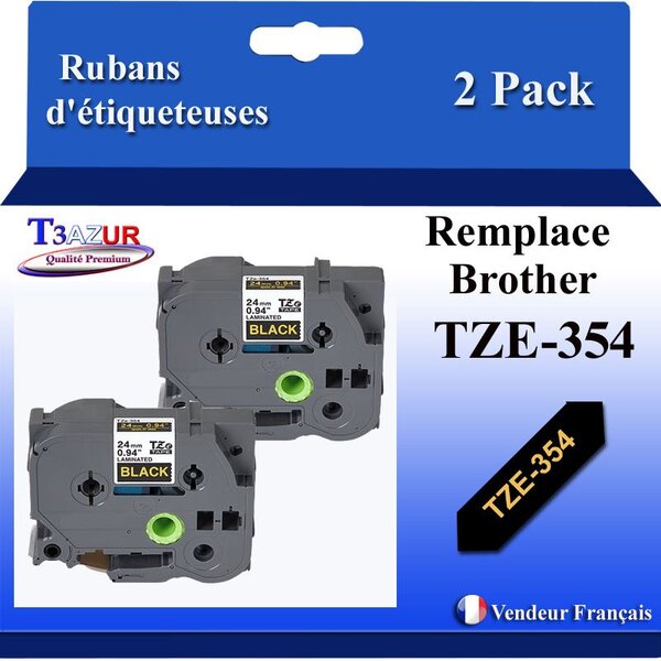 2x Rubans d'étiqueteuses compatibles avec Brother Tze354 Tze-354 pour étiqueteuses P-touch - Texte doré sur fond noir - Largeur 24 mm x 8 mètres - T3AZUR