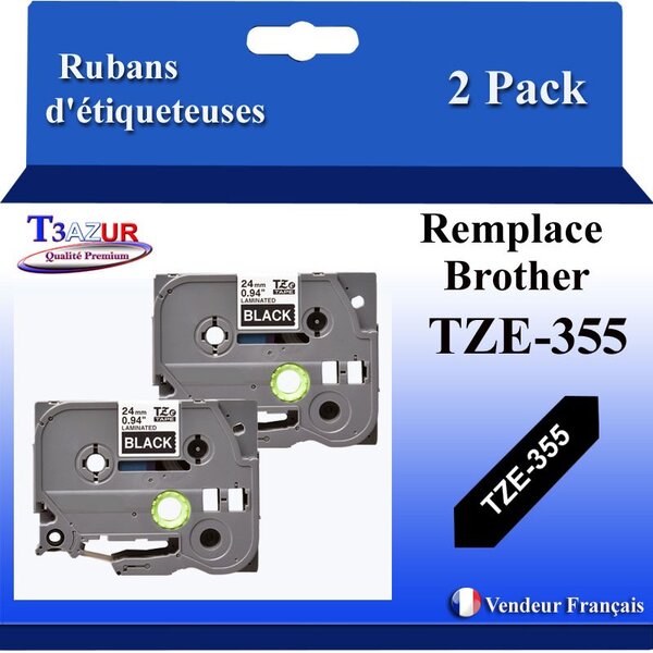 2x Rubans d'étiqueteuses compatibles avec Brother Tze355 Tze-355 pour étiqueteuses P-touch - Texte blanc sur fond noir - Largeur 24 mm x 8 mètres - T3AZUR