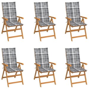 vidaXL Chaises de jardin lot de 6 et coussins carreaux gris Bois teck