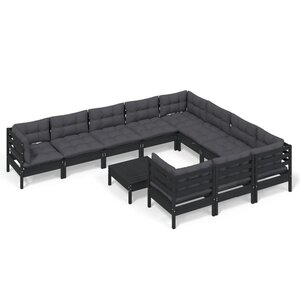 vidaXL Salon de jardin 11 Pièces avec coussins Noir Bois de pin