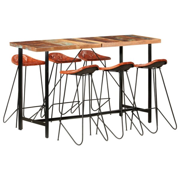 vidaXL Ensemble de bar 7 Pièces Bois de récupération et cuir véritable