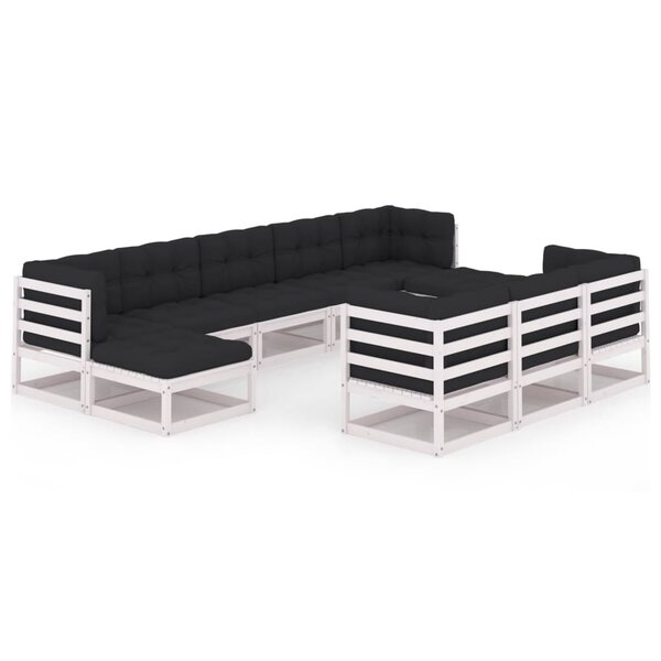 vidaXL Salon de jardin 10 Pièces avec coussins Blanc Bois de pin massif