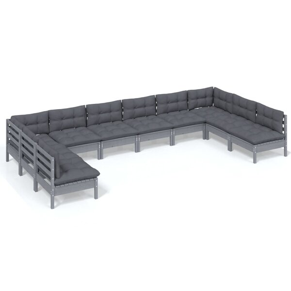 vidaXL Salon de jardin 10 Pièces avec coussins gris bois de pin massif