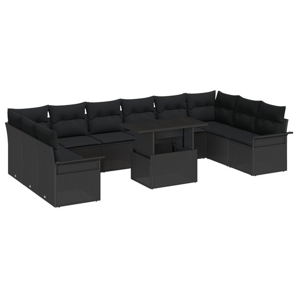 vidaXL Ensemble de canapés de jardin 11 pièces avec coussins en poly rotan noir