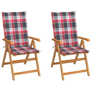 vidaXL Chaises de jardin lot de 2 et coussins à carreaux rouges Teck