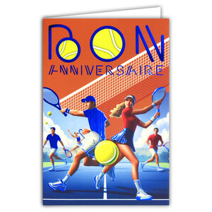 65-1427 Carte Bon ANNIVERSAIRE TENNIS Texte BLEU Brillant avec Enveloppe 12x17 5cm Pour sportif sportive tennisman tenniswoman joueur joueuse sport de raquette balle jaune court supporter la France