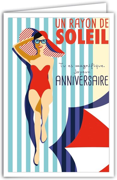 Carte Joyeux Anniversaire avec Enveloppe - Fille Femme - Mini Posters Format 17x11 5cm - Bain de Soleil Marinière Chapeau Rayures Parasol Rétro Vintage - Fabriquée en France